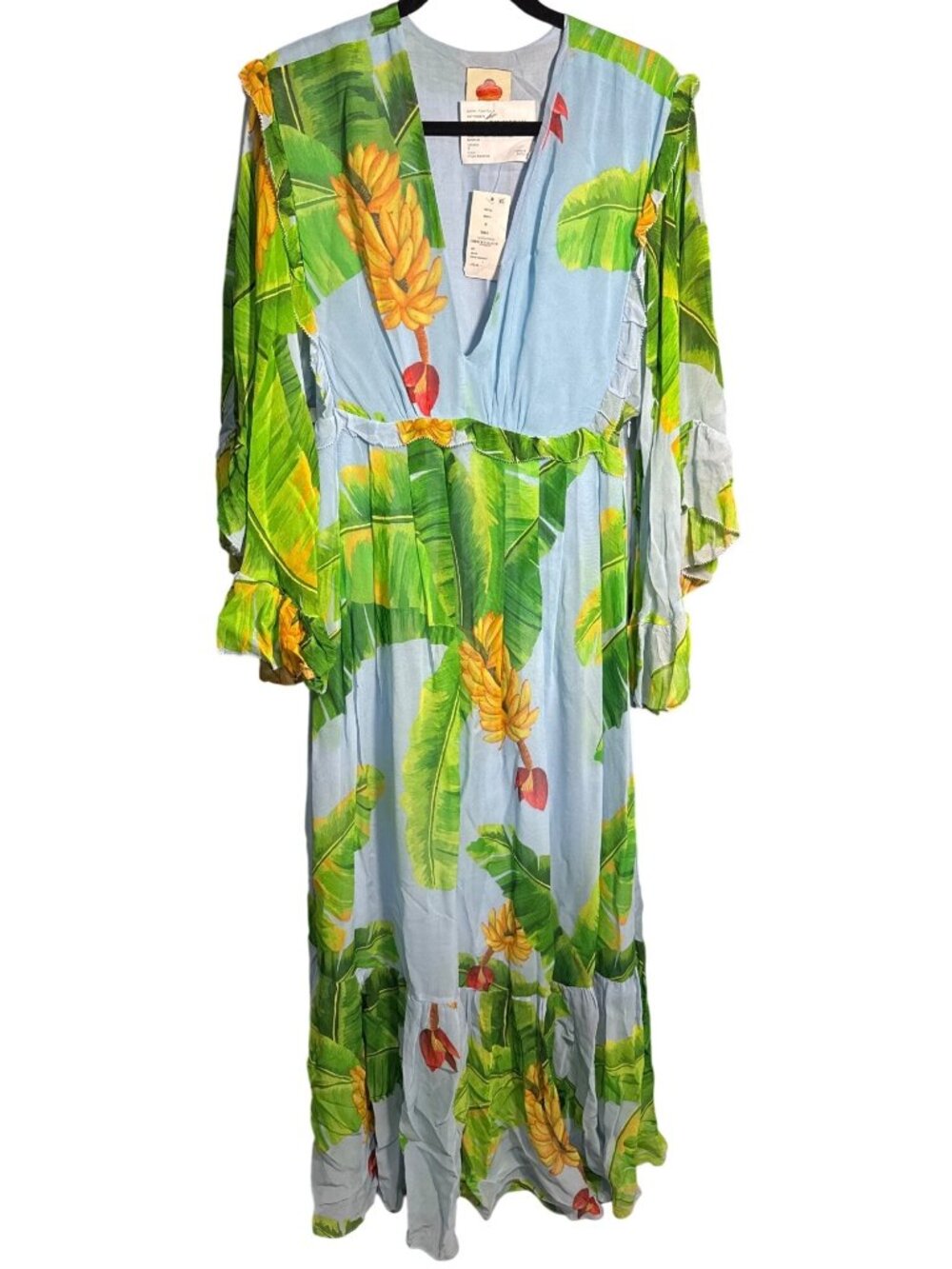 Farm Rio Fresh Bananas Maxi Dress Blue S MSRP $275